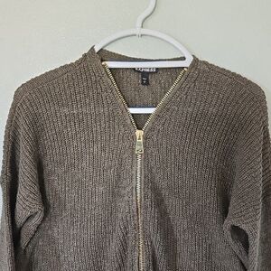 Express | Olive Green Gold Zipper Knit Sweater Size Small